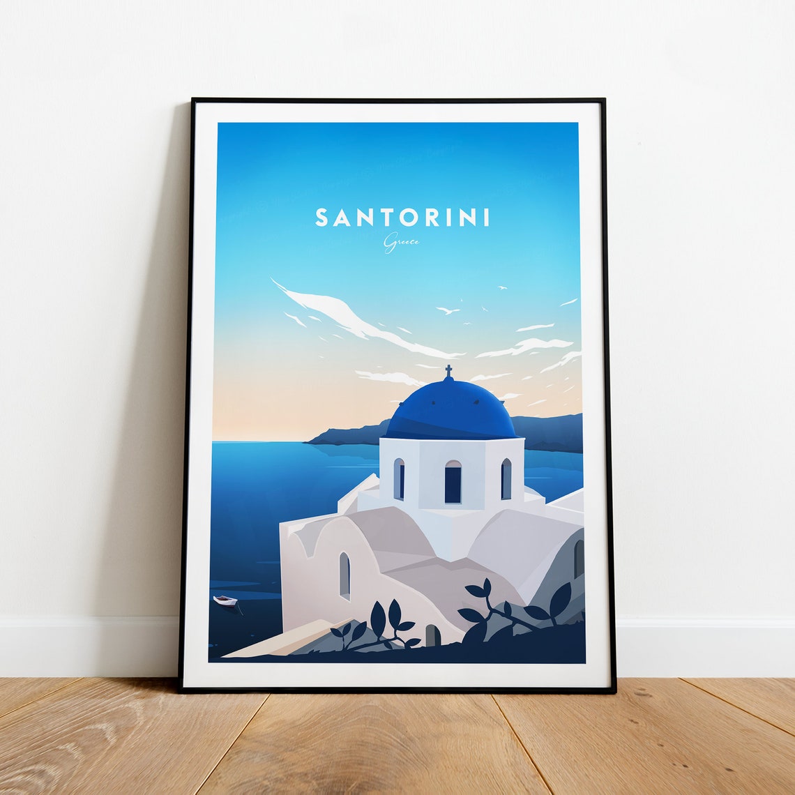 Santorini Greece Blue Dome Church Overlooking Aegean Sea Travel Poster - Image 2