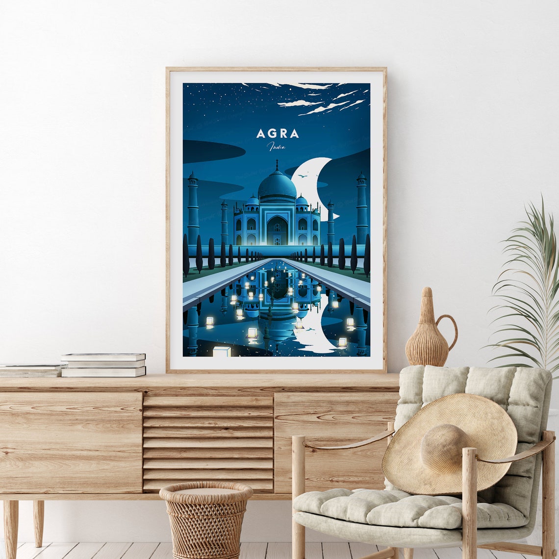 Agra India Taj Mahal Moonlit Evening Reflection Lanterns Travel Poster