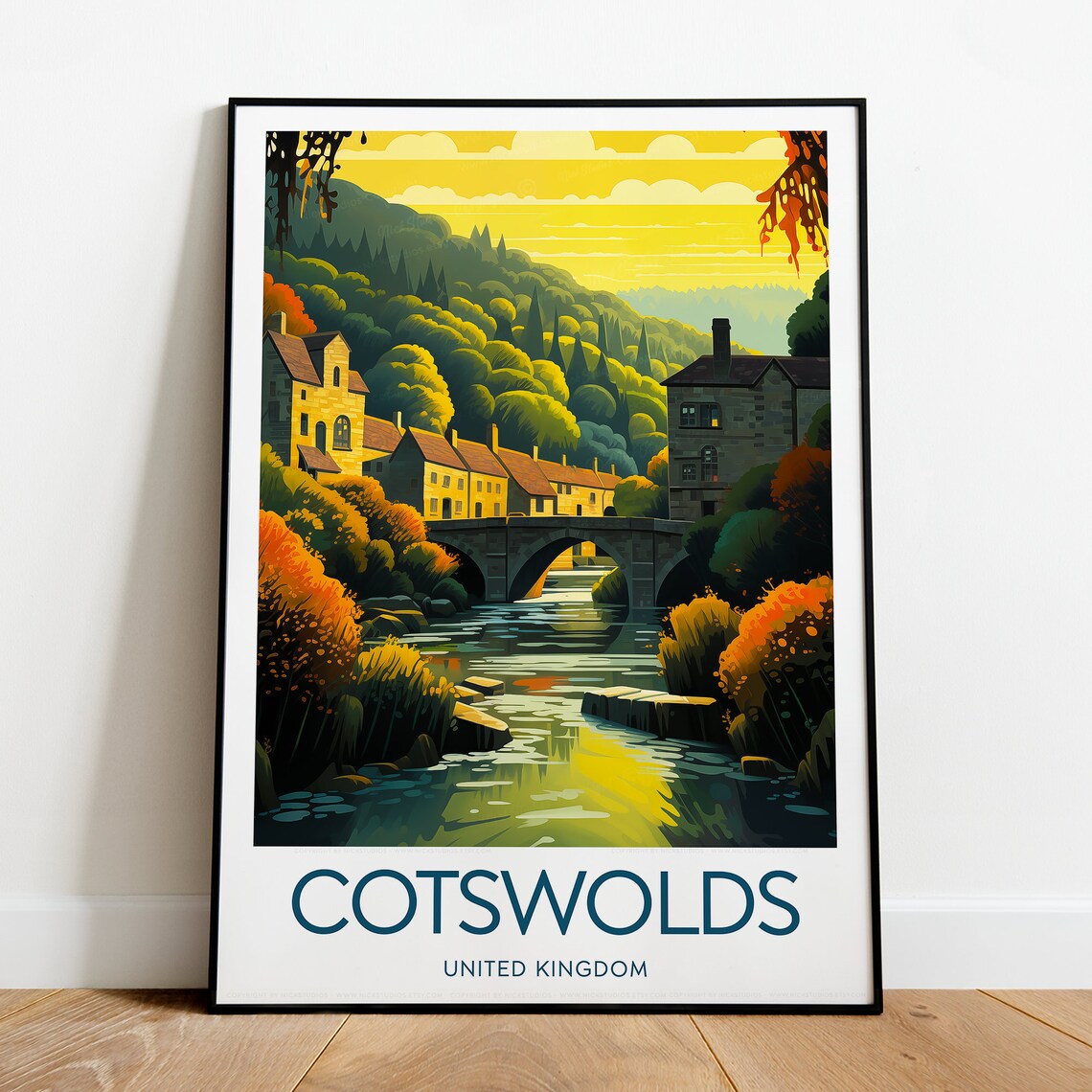 Cotswolds England Stone Bridge Riverside Village Autumn Travel Poster