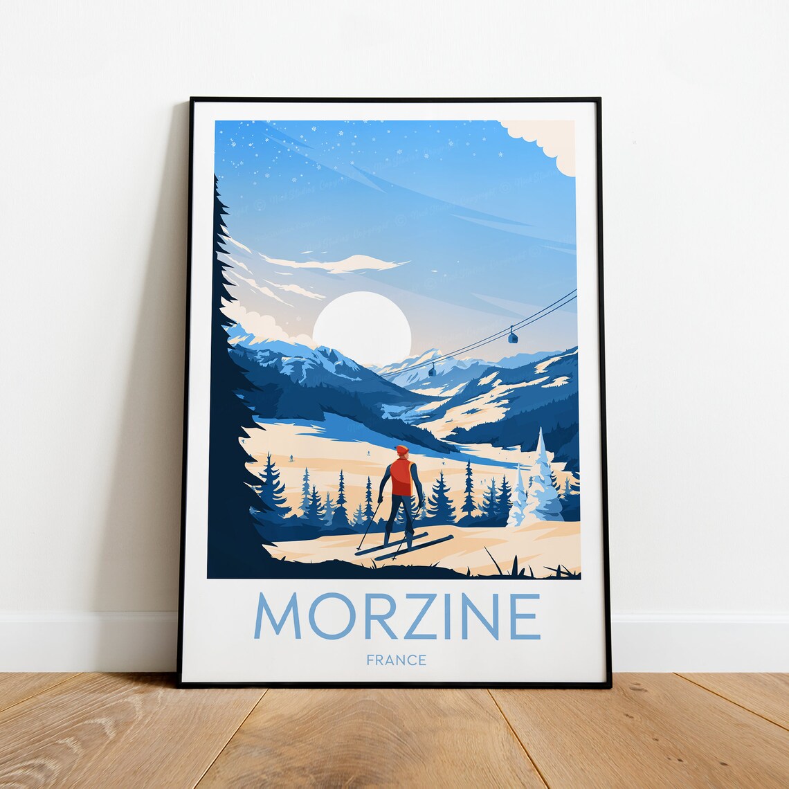 Morzine France Vintage Ski Travel Poster With Skier At Sunset