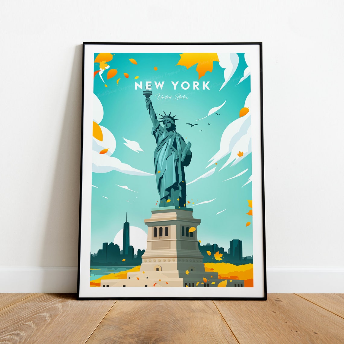 New York City Statue Of Liberty Autumn Leaves Skyline Travel Poster