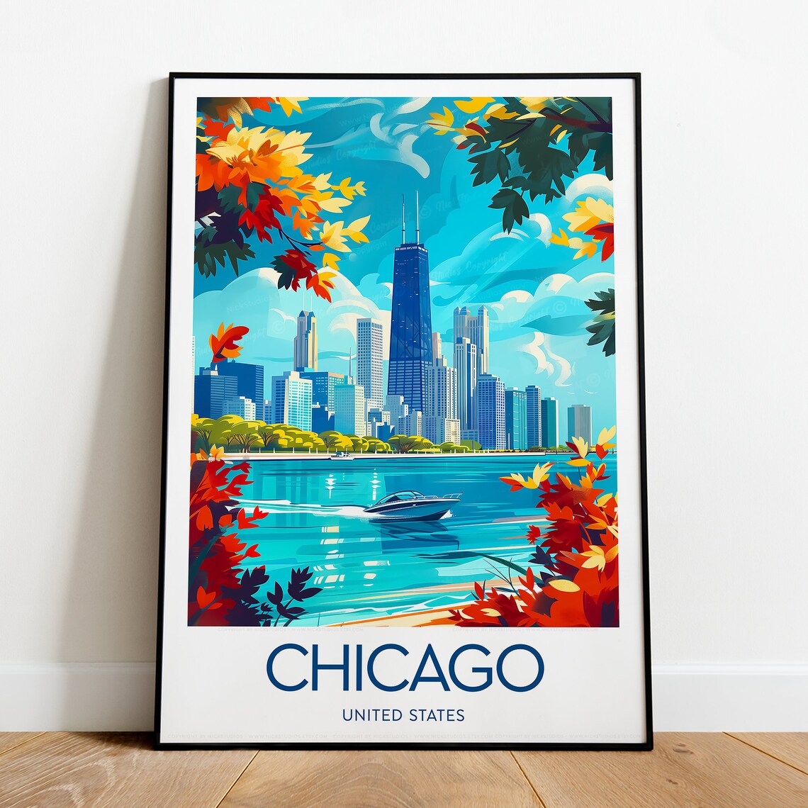 Chicago United States Autumn Skyline Lake Michigan Travel Poster - Image 2