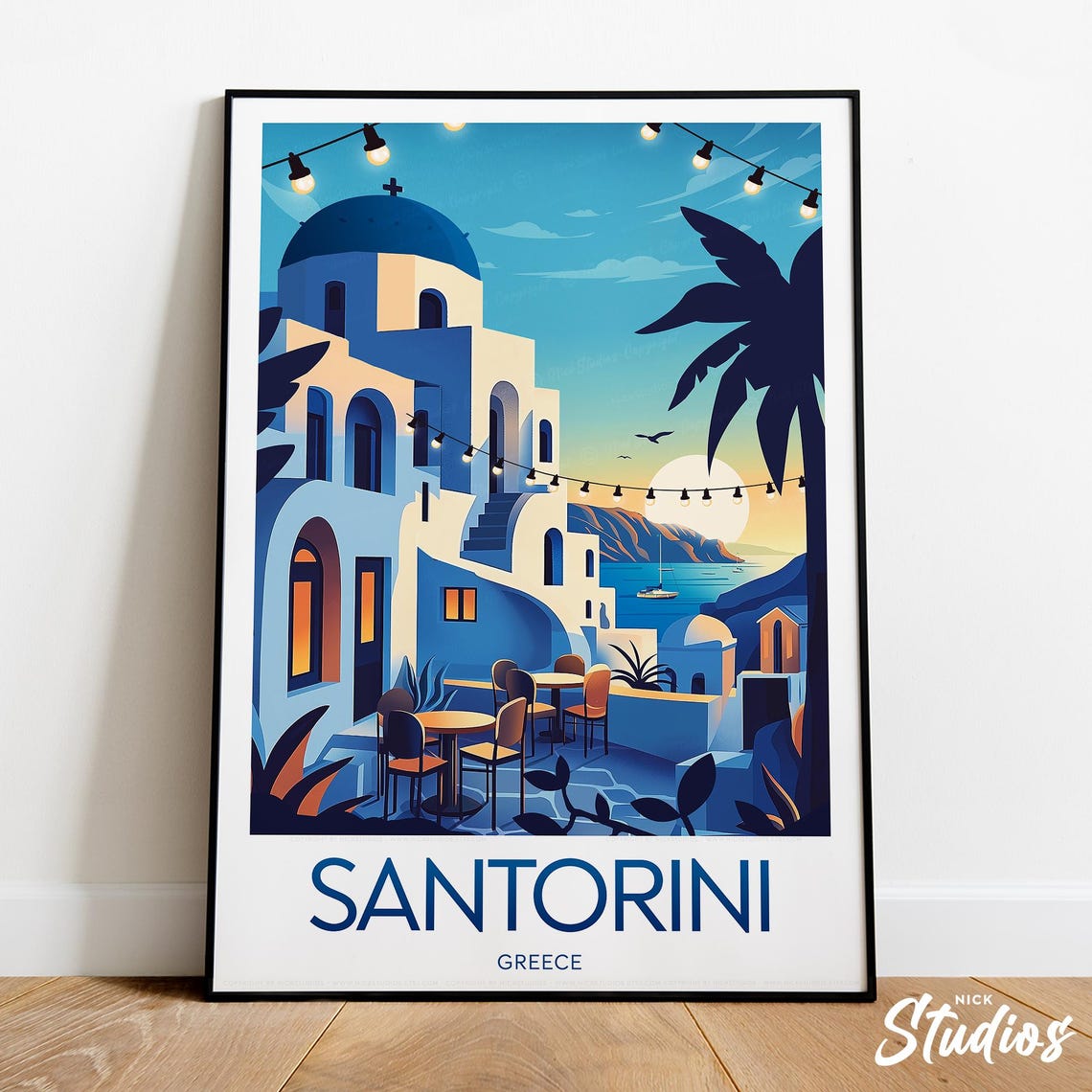 Santorini Greece Modern Travel Poster Blue Dome Sunset Terrace