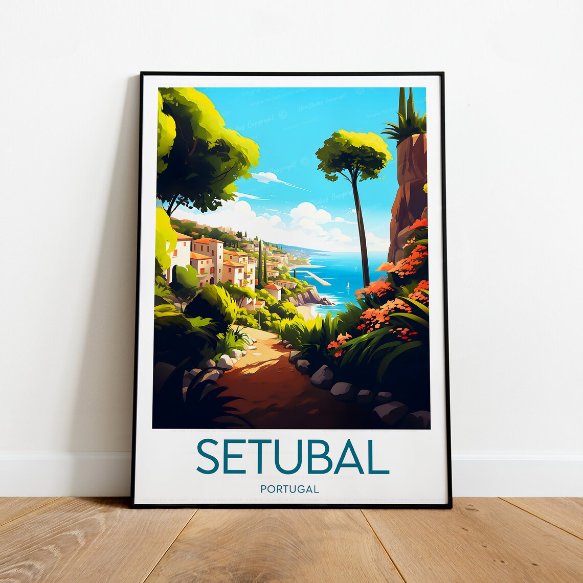 Setubal Portugal Coastal Village Trail Vintage Travel Poster