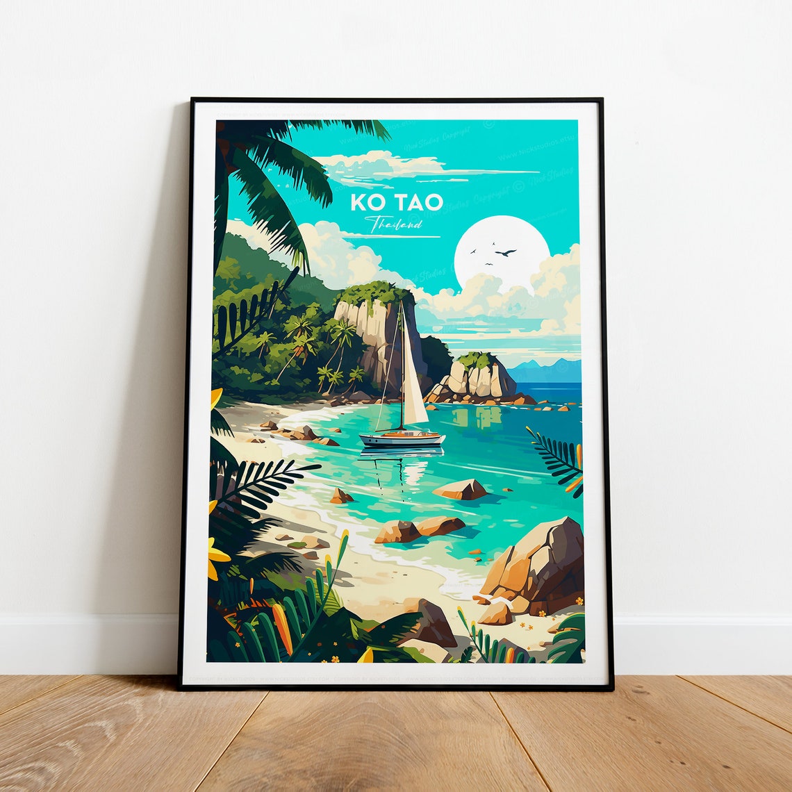 Ko Tao Thailand Sailboat in Turquoise Rocky Cove Travel Poster - Image 2
