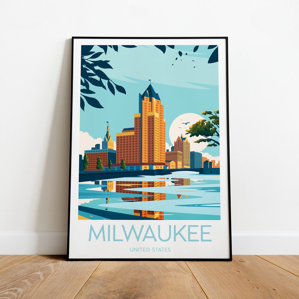 Milwaukee Wisconsin Skyline Reflected in River Sunset Travel Poster