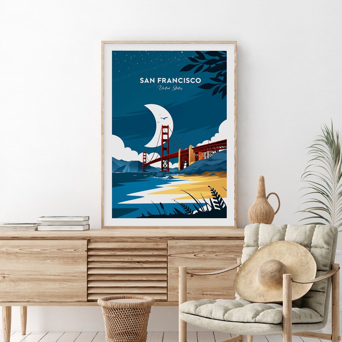 San Francisco Golden Gate Bridge Night Crescent Moon Travel Poster