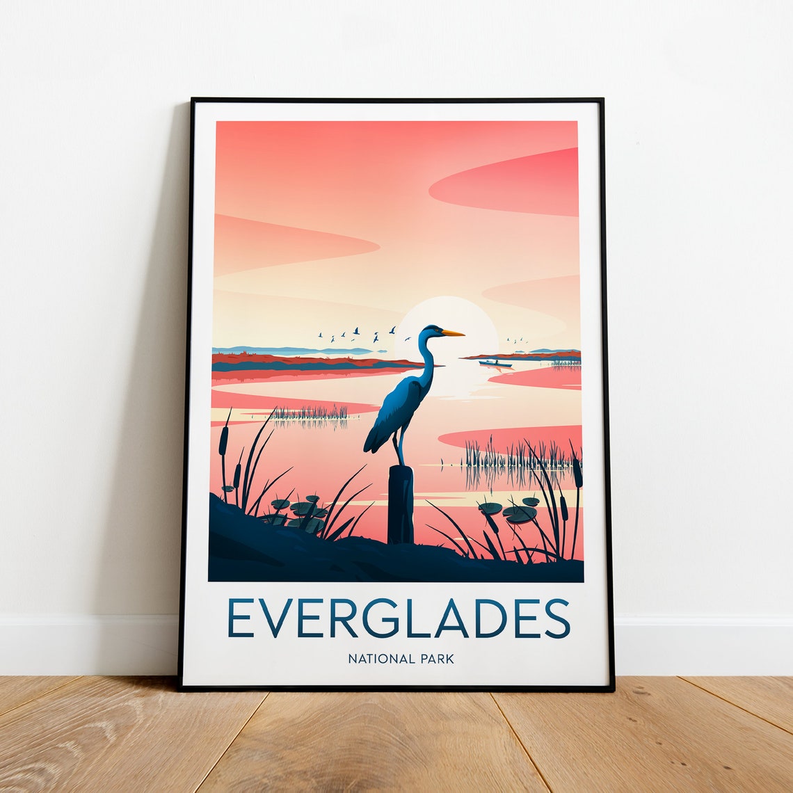 Everglades Heron Sunset Wetlands Pink Sky National Park Poster