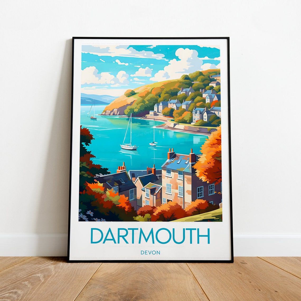 Dartmouth Devon Sailboat Harbor Coastal Town Scene Travel Poster - Image 2