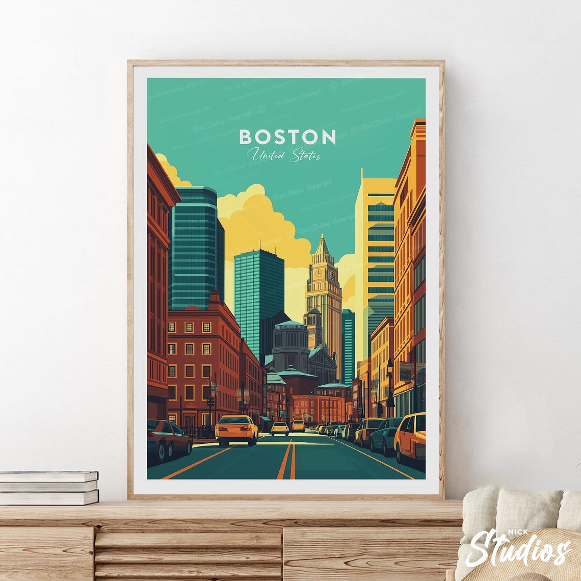 Boston Downtown Skyline Streetscape Retro Travel Style Print