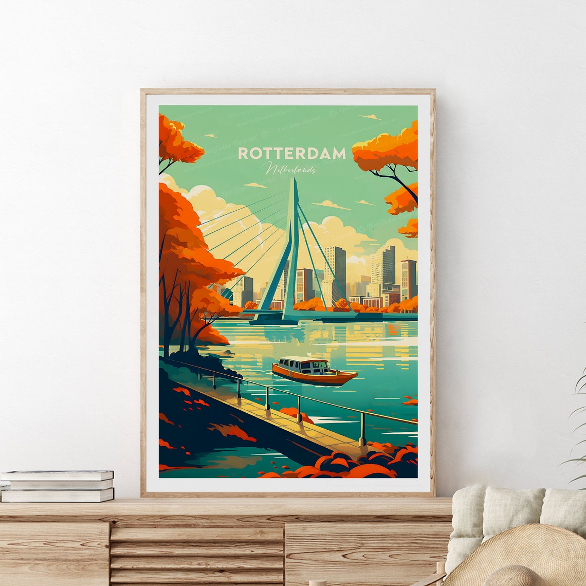 Rotterdam Netherlands Erasmus Bridge Autumn Canal Travel Poster - Image 2