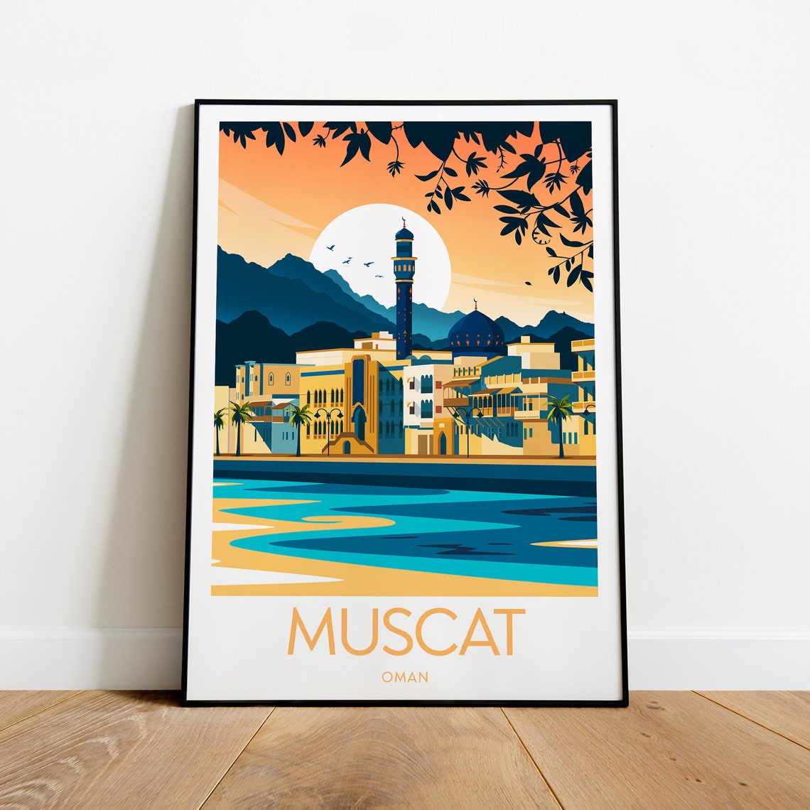 Muscat Oman Sunset Harbor with Mosque and Mountains Travel Poster