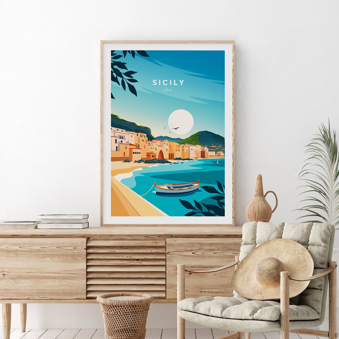 Sicily Italy Seaside Town Pastel Houses Turquoise Bay Travel Poster