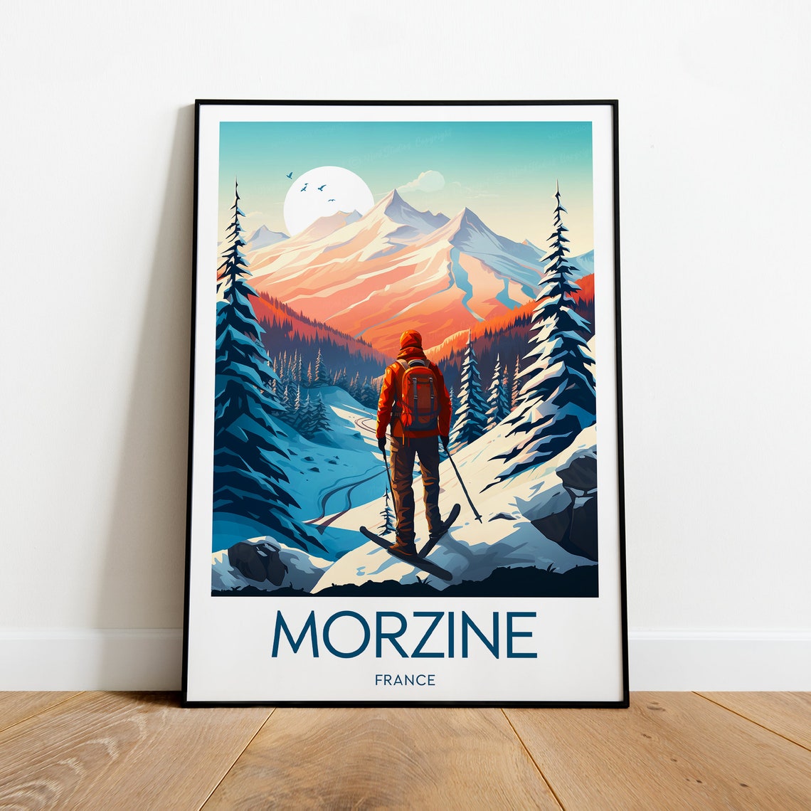 Morzine France Ski Resort Alpine Sunset Winter Skier Travel Poster - Image 2