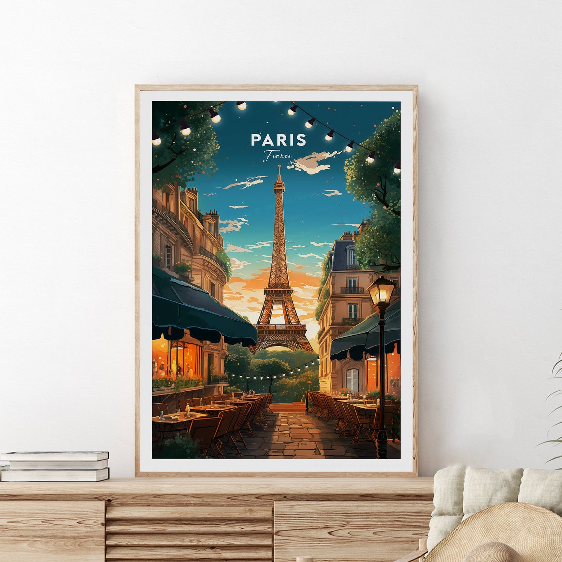 Paris Eiffel Tower Evening Cafe Terrace String Lights Travel Poster - Image 2