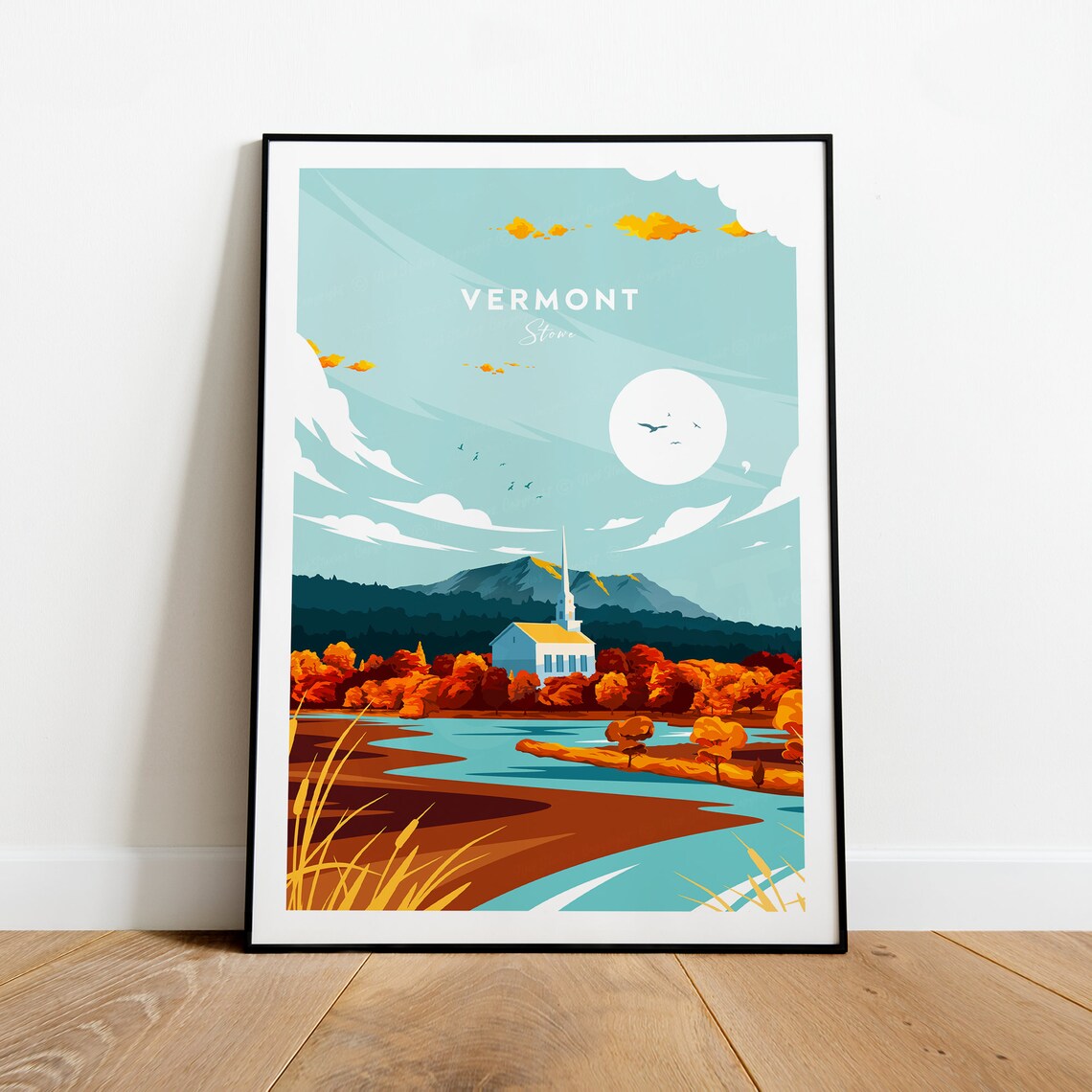 Vermont Stowe Autumn Foliage White Church River Fall Travel Poster