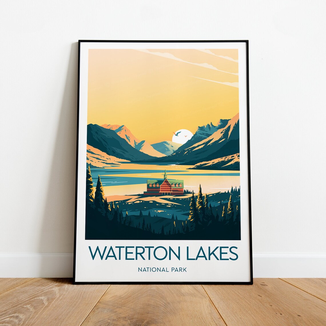 Waterton Lakes National Park Sunset Lake Lodge Vintage Travel Poster