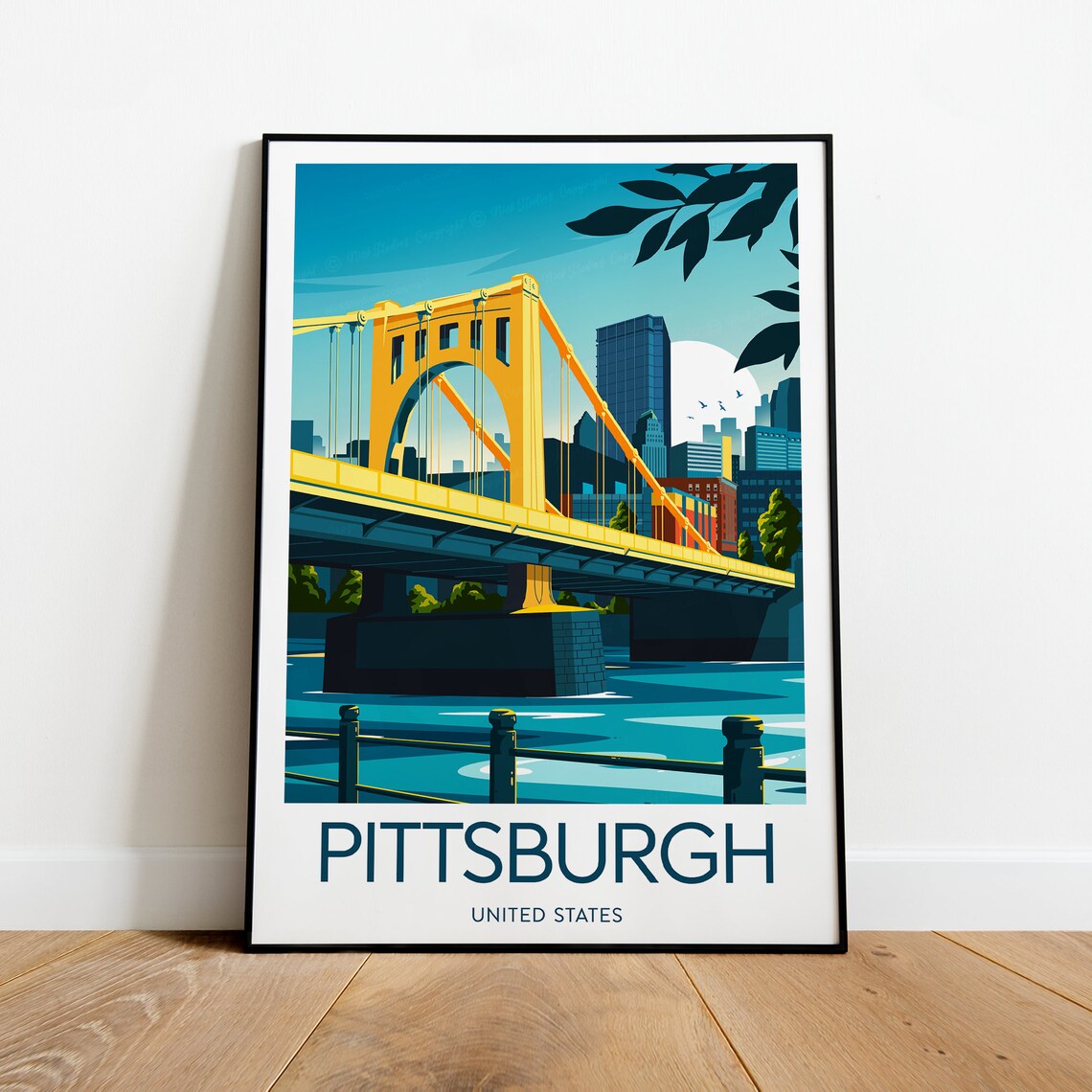 Pittsburgh Yellow Bridge Modern Skyline Minimalist Travel Poster