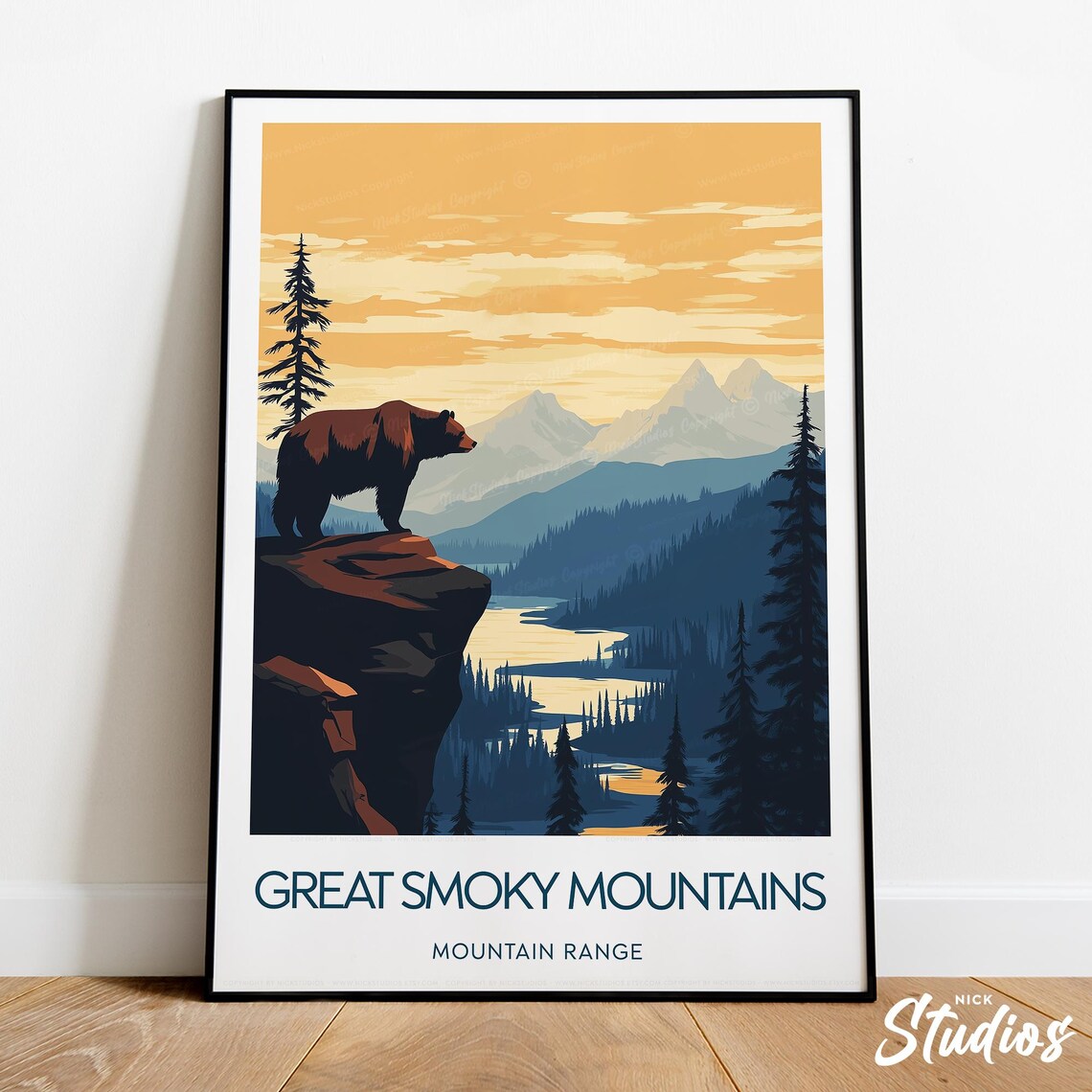Great Smoky Mountains Bear on Cliff Sunrise Retro National Park Poster