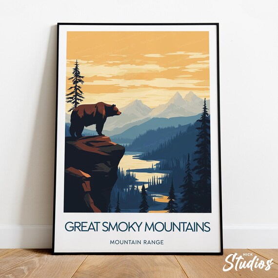 Great Smoky Mountains Bear on Cliff Sunrise Retro National Park Poster