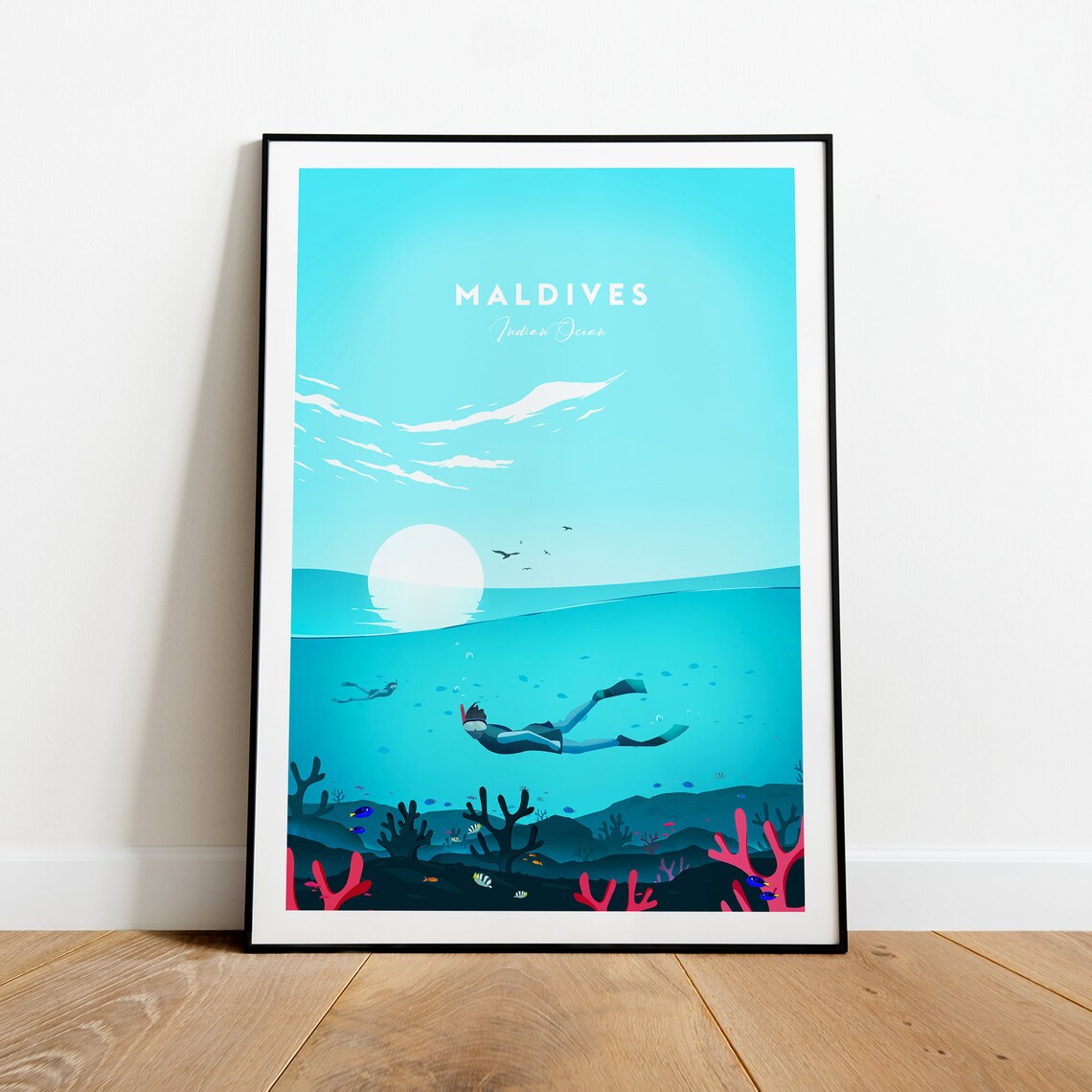 Maldives Indian Ocean Snorkeler Coral Reef Sunset Diver Travel Poster - Image 2