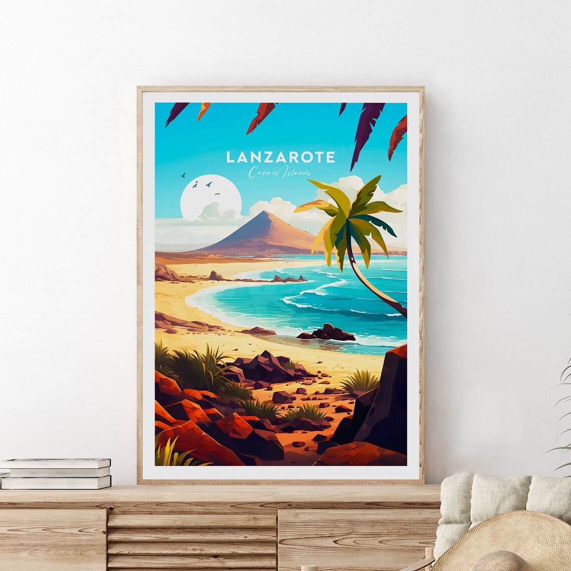 Lanzarote Canary Islands Beach Volcano And Palm Tree Travel Poster