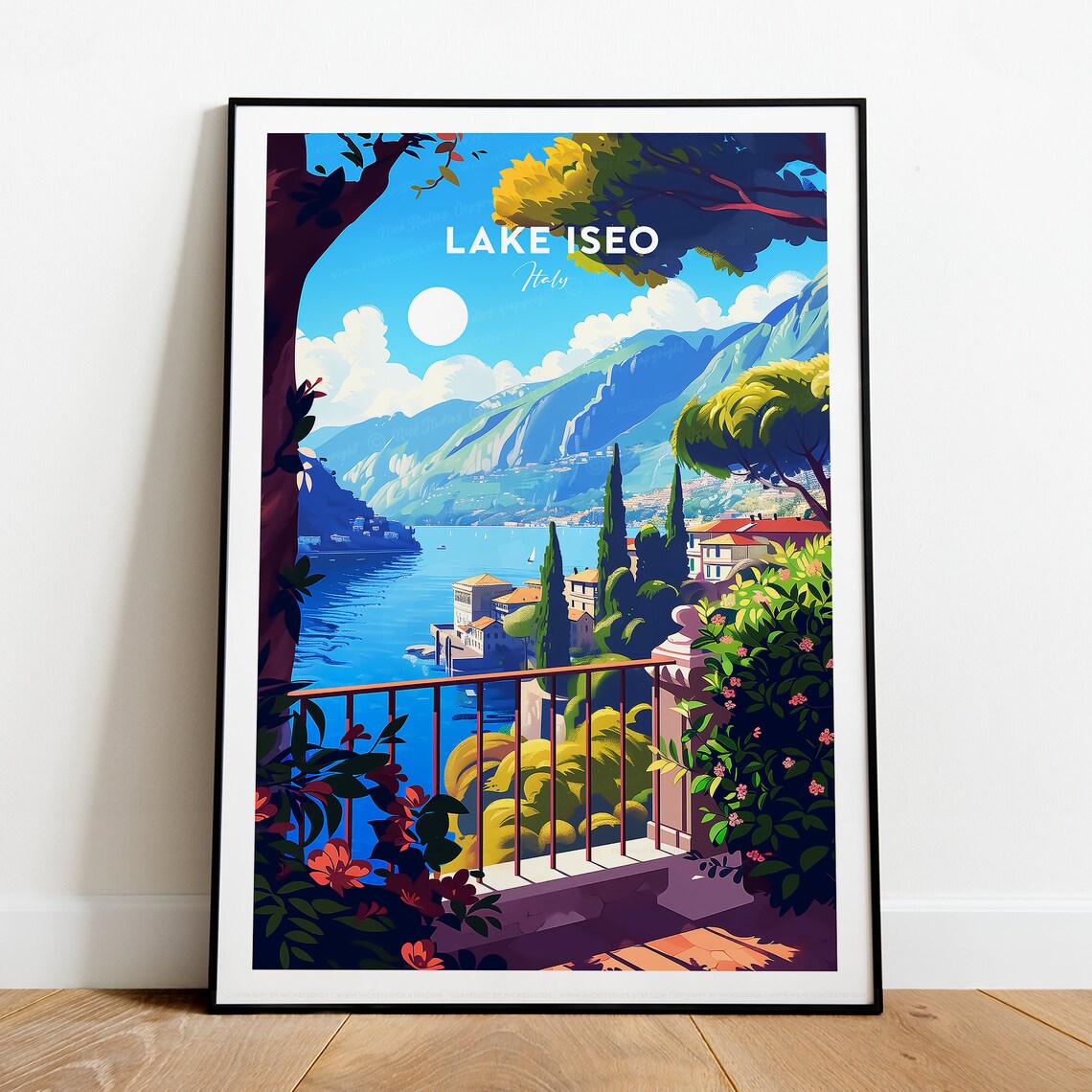 Lake Iseo Italy Terrace View Vintage Travel Poster with Blue Lake