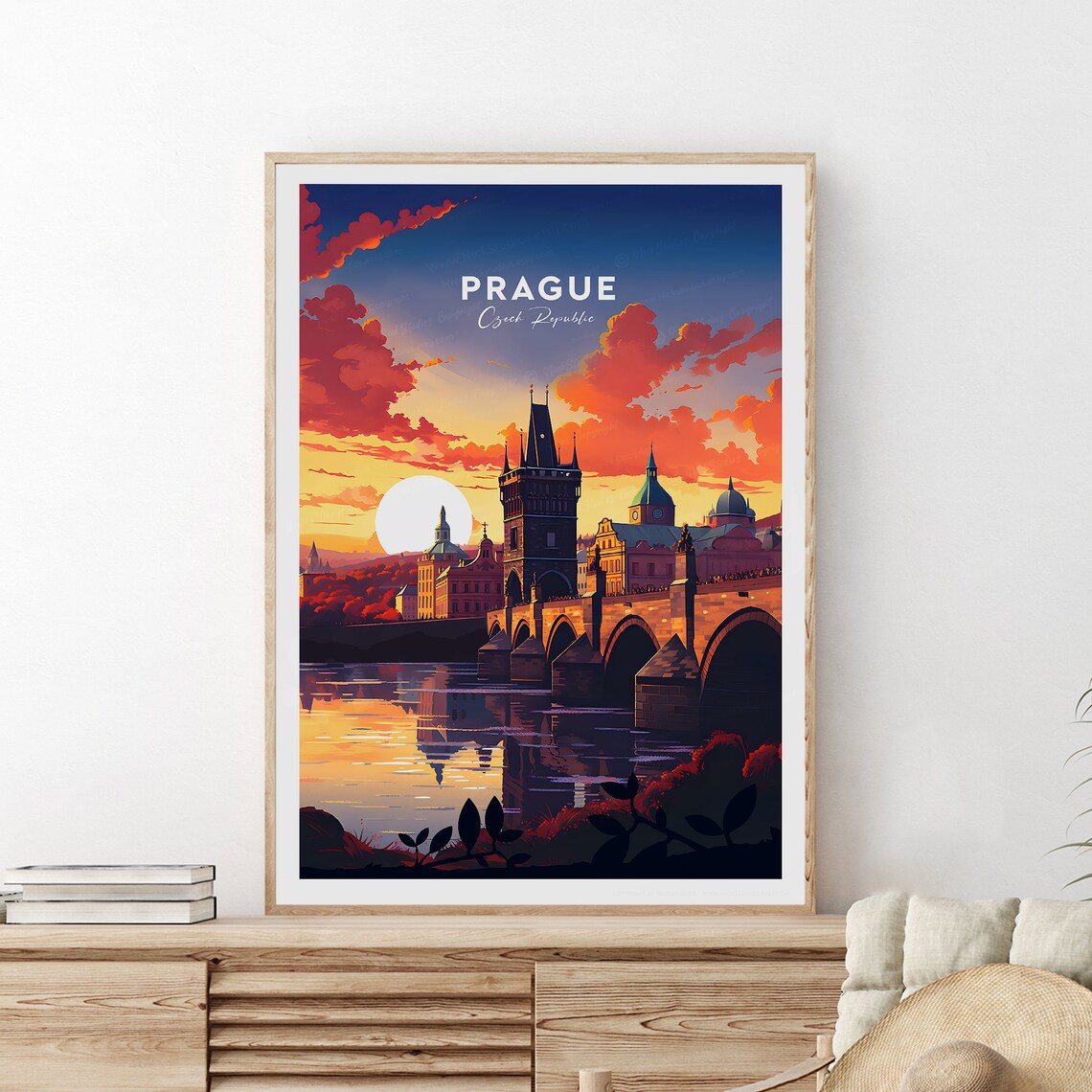Prague Czech Republic Charles Bridge Fiery Sunset Travel Poster - Image 2
