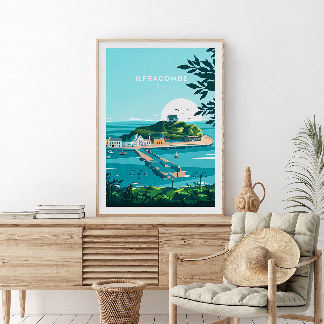 Ilfracombe Devon Harbor Hill Chapel Moonlit Coast Scene Poster