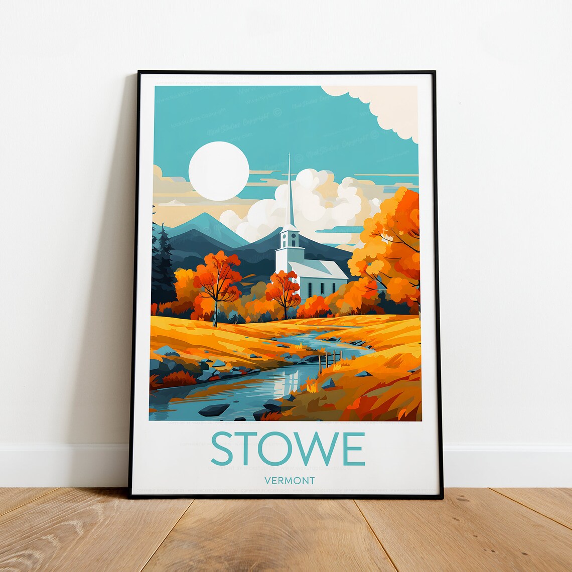 Stowe Vermont White Church Steeple Autumn Foliage Travel Poster