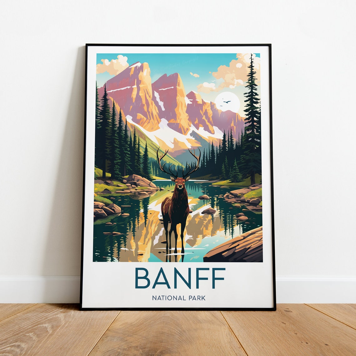Banff Mountain Lake Elk Reflection Peaks Canada National Park Poster