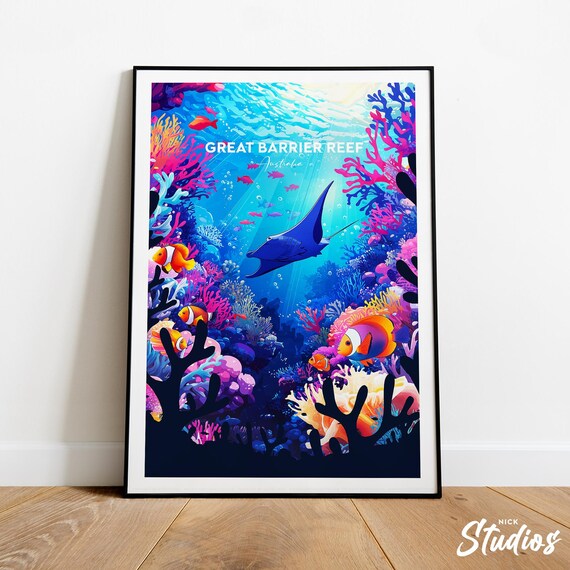 Great Barrier Reef Traditional Travel Print Australia Great Barrier Reef Poster Manta Ray Print Cairns Print Australia Travel Poster