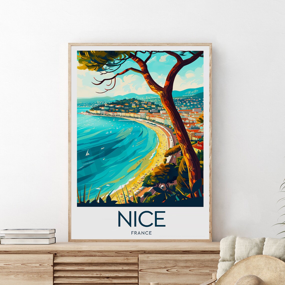 Nice France Riviera Bay Overlook Umbrella Pine Travel Poster