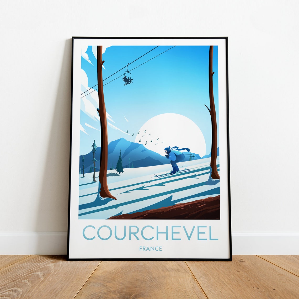 Courchevel France Lone Skier Descending Snowy Alpine Slope Poster - Image 2