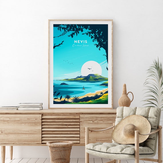 Nevis Caribbean Island Volcano Bay Tropical Sunset Travel Poster