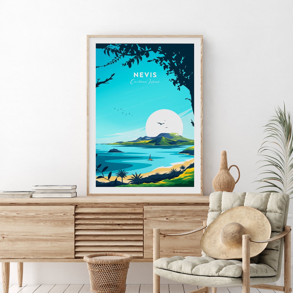 Nevis Caribbean Island Volcano Bay Tropical Sunset Travel Poster