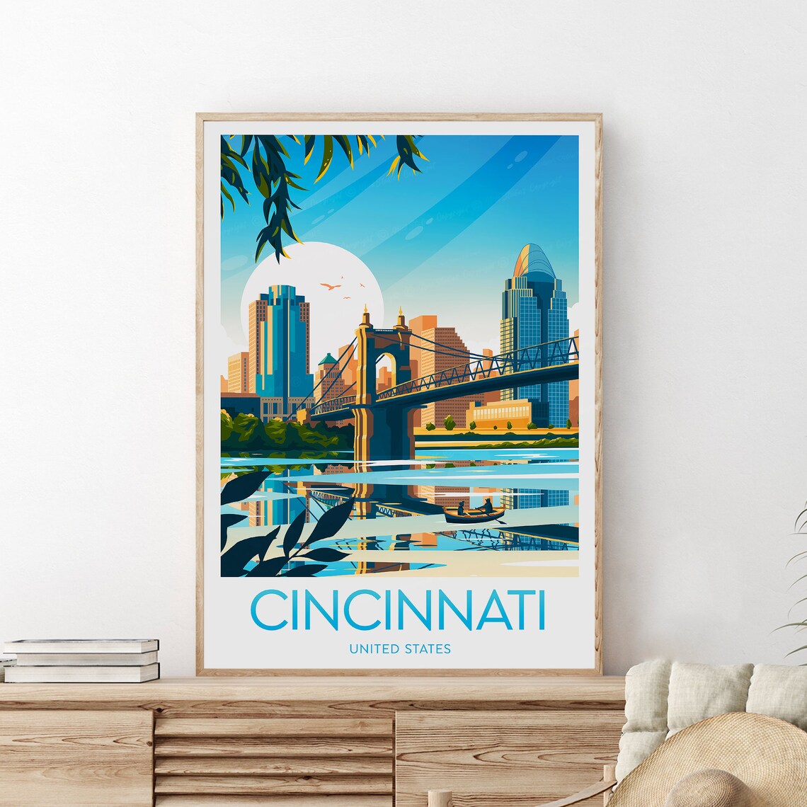 Cincinnati Ohio Historic Suspension Bridge Skyline Travel Poster