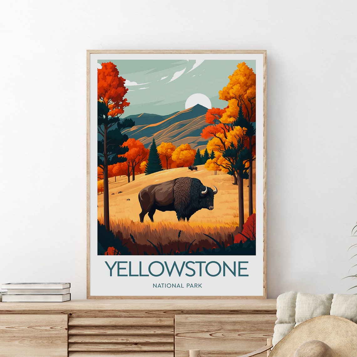Yellowstone Autumn Bison Meadow Moonrise National Park Wildlife Poster