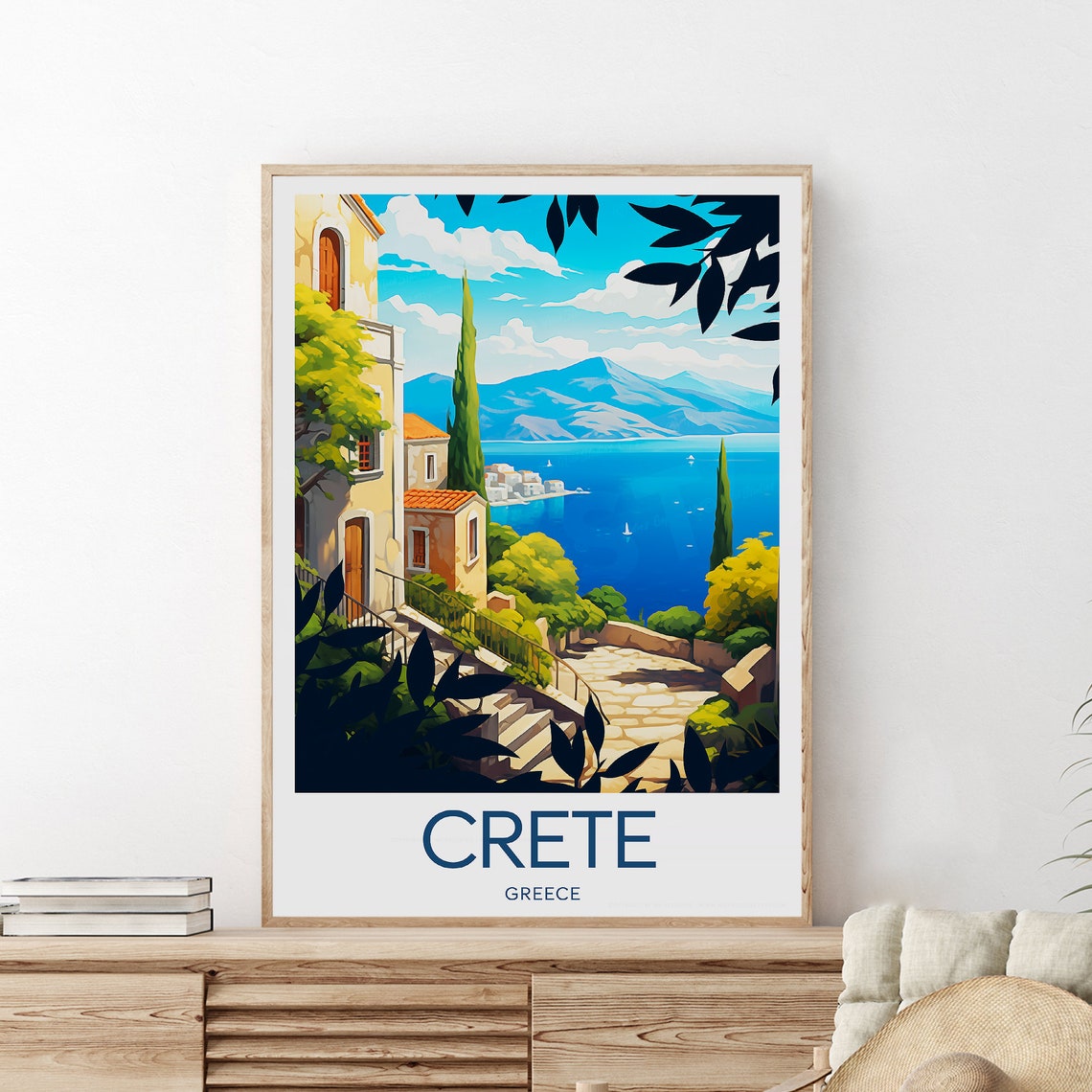 Crete Hillside Village Stairs Overlooking Aegean Blue Bay Poster - Image 2