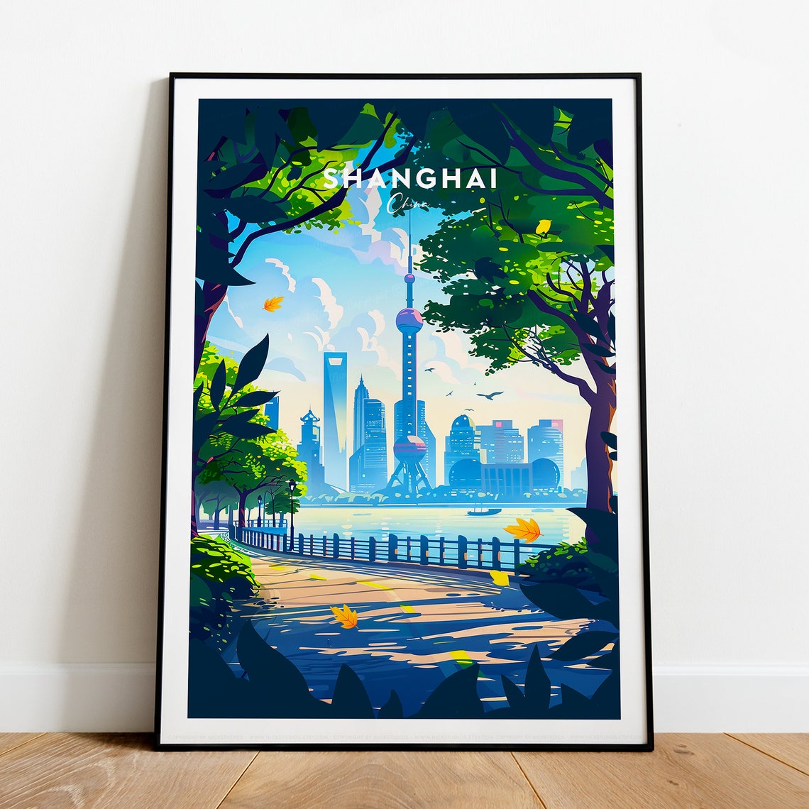 Shanghai China City Skyline Travel Poster with Riverside Trees