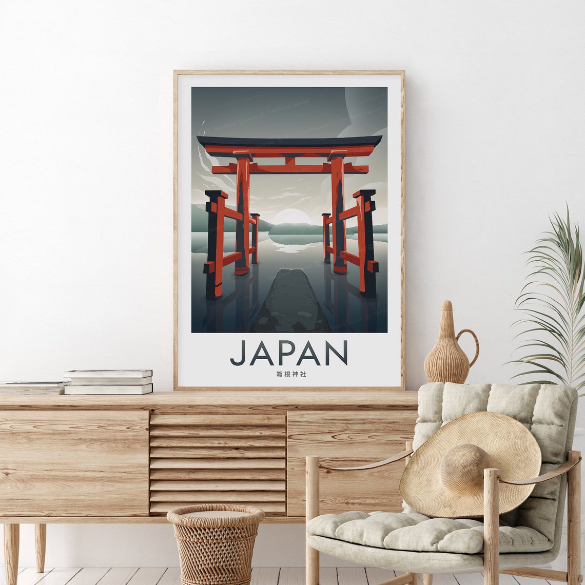 Japan Hakone Shrine Red Torii Gate Lake Reflection Travel Poster