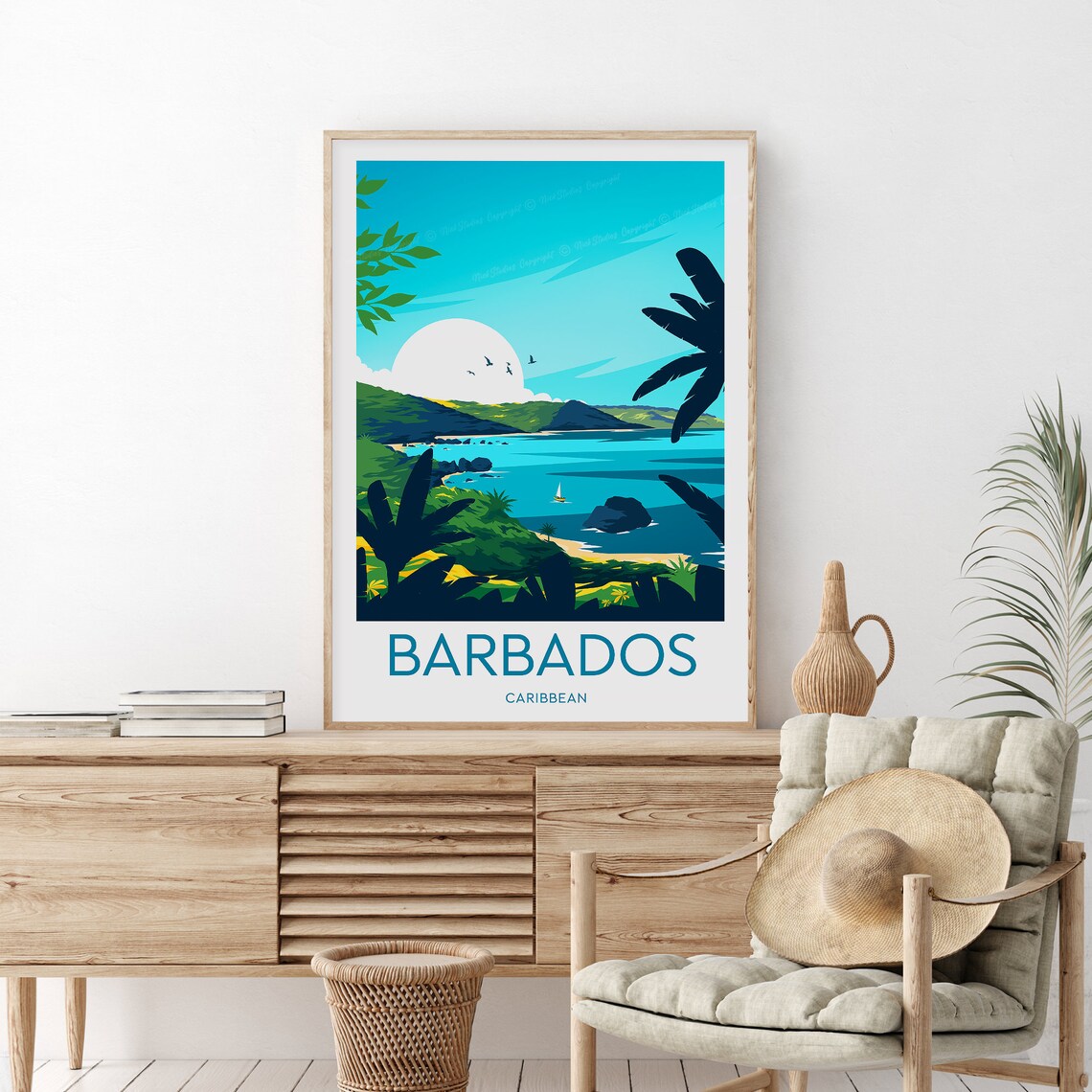 Barbados Caribbean Green Hills Bay Sailboat Sunset Travel Poster