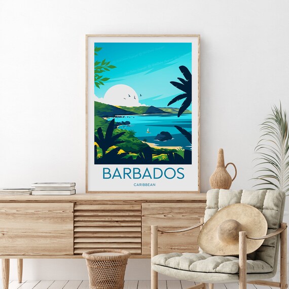 Barbados Caribbean Green Hills Bay Sailboat Sunset Travel Poster