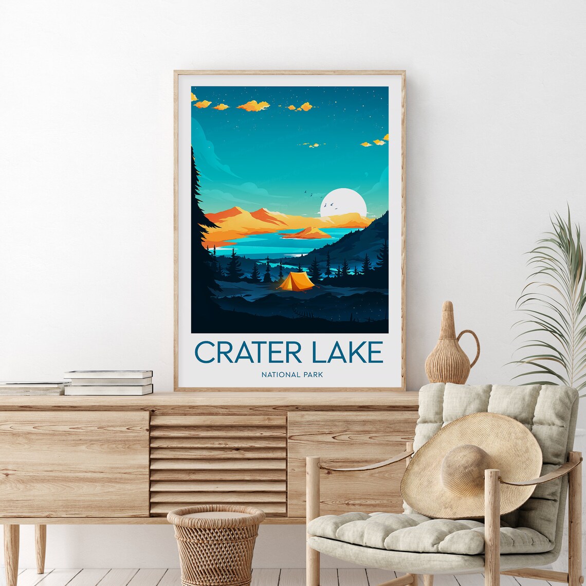 Crater Lake National Park Starry Night Camp Vintage Travel Poster