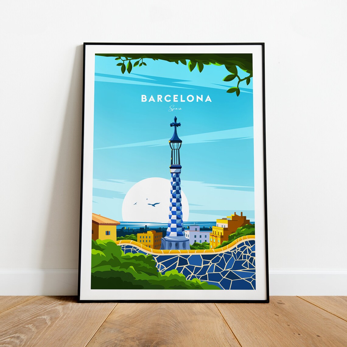 Barcelona Spain Park Guell Mosaic Terrace Tower Landmark Poster - Image 2