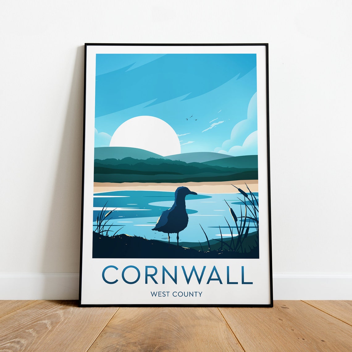 Cornwall West Country Seagull Estuary Sunset Calm Scene Travel Poster