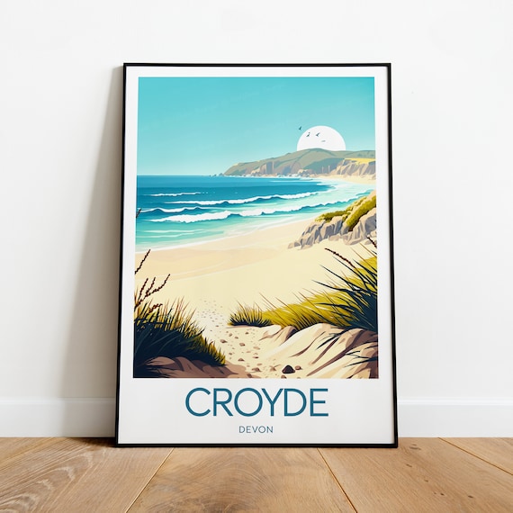 Croyde Devon Surf Beach and Dune Grass Rolling Waves Travel Poster
