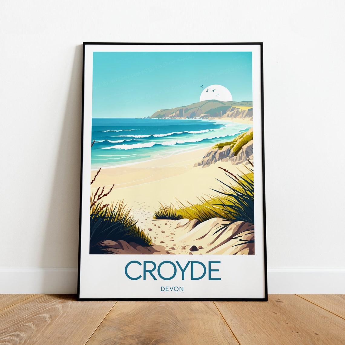 Croyde Devon Surf Beach and Dune Grass Rolling Waves Travel Poster