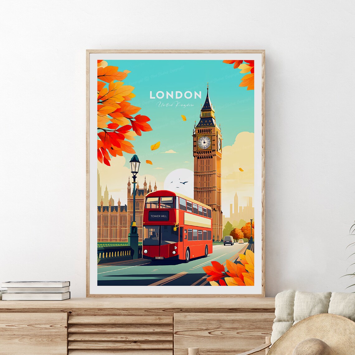 London United Kingdom Big Ben Red Bus Autumn Vintage Travel Poster