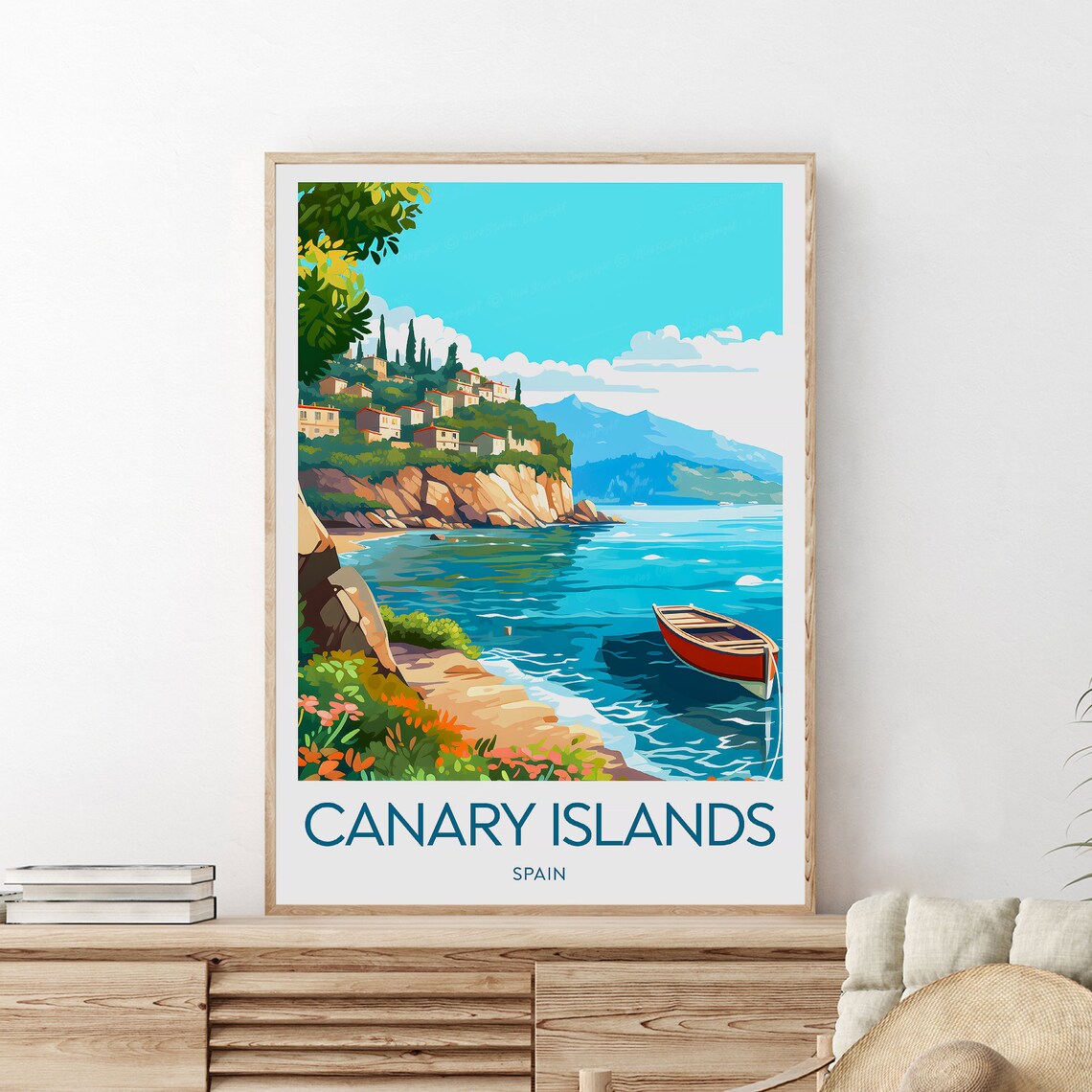 Canary Islands Spain Cliffside Cove Red Boat Blue Sea Poster